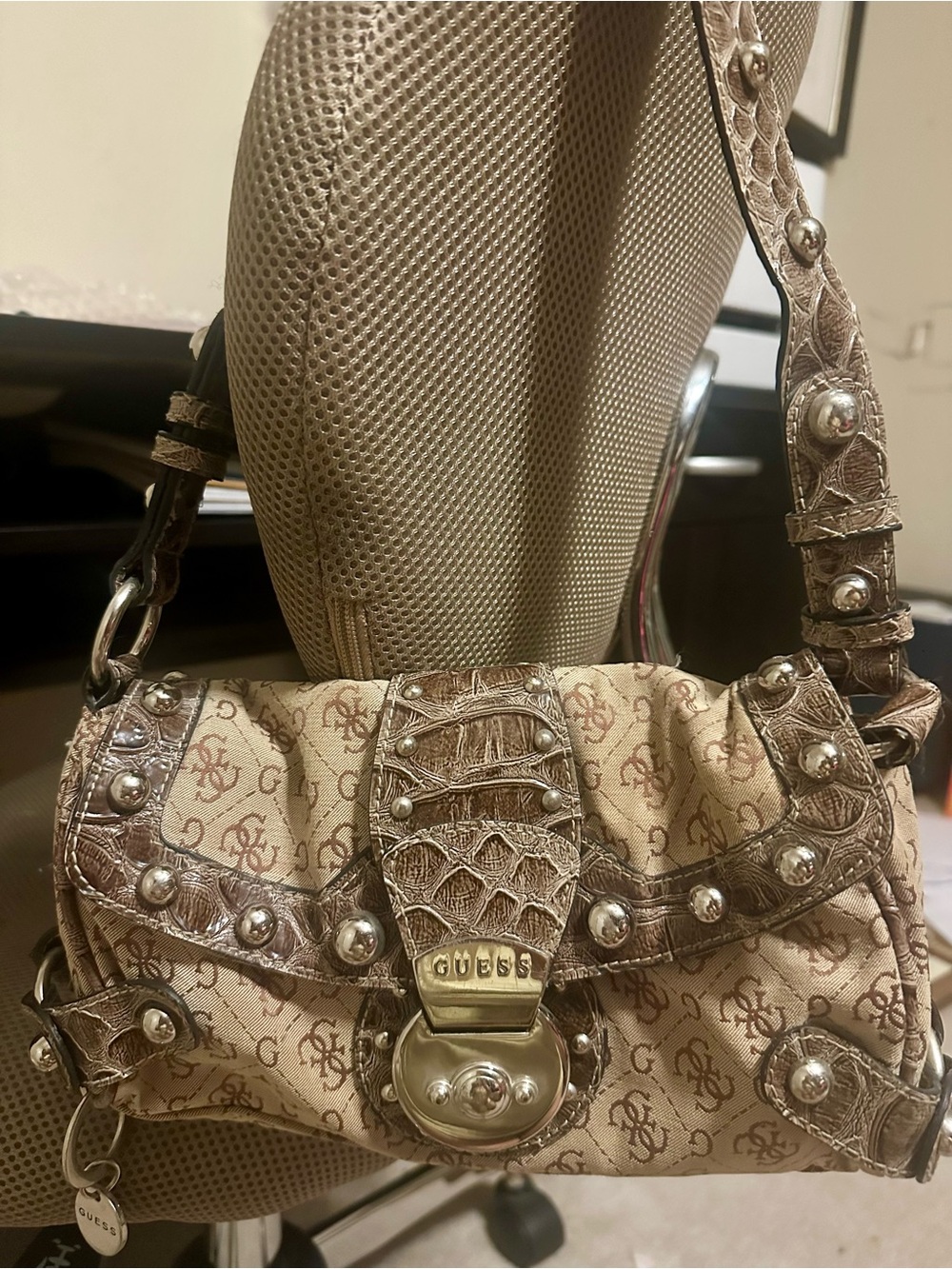 GUESS Beige Logo Shoulder Bag with Studded Croc-Trim